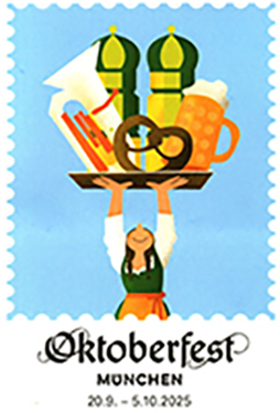Logo: Oktoberfest 2025 gezeichnet mit großen Farbflächen: Bedienung hält Tablett in die Höhe, darauf die Frauentürme, eine Tuba, eine Brezn, ein Maß Bier